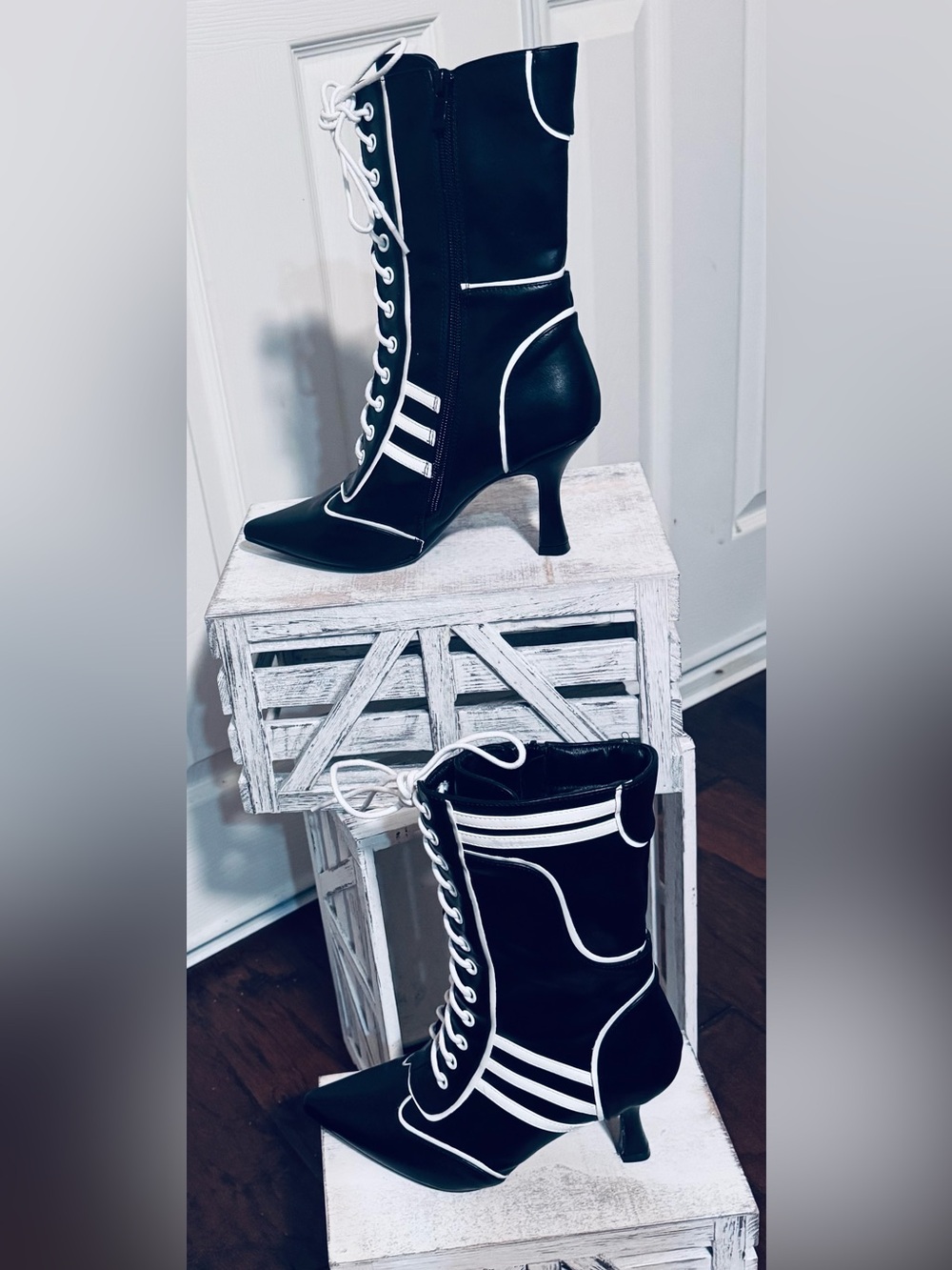 Black Lace-Up Heel Boots with White Piping with Kitten Heels